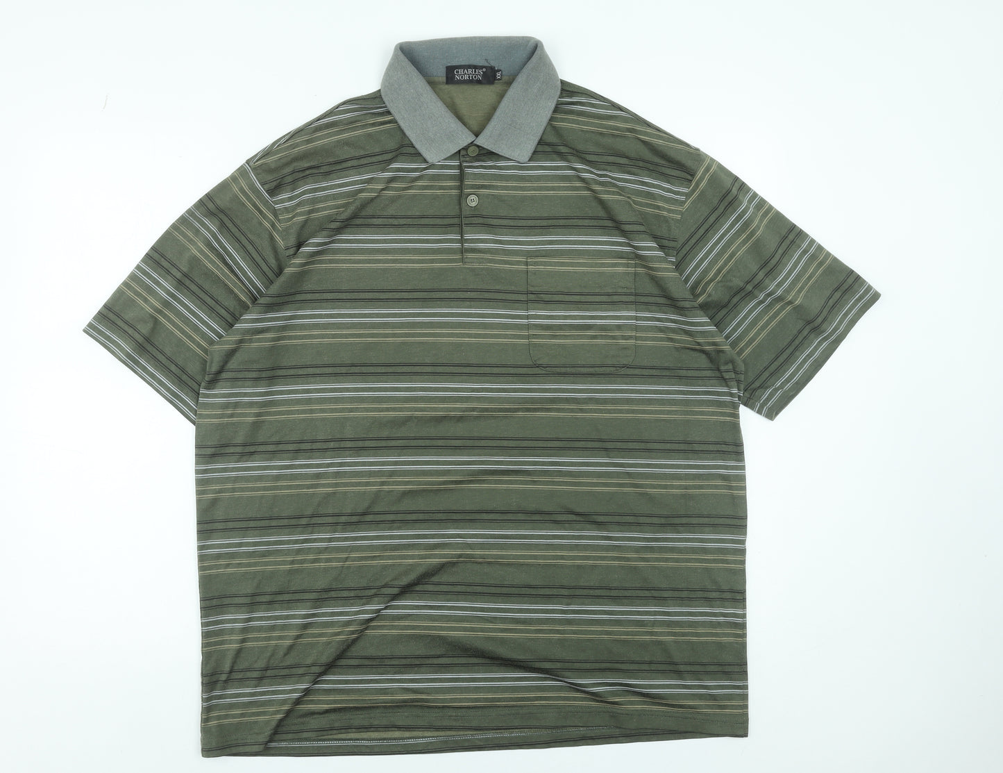 Charles Norton Men’s Green Striped Polo Shirt 2XL Short Sleeve Cotton Blend