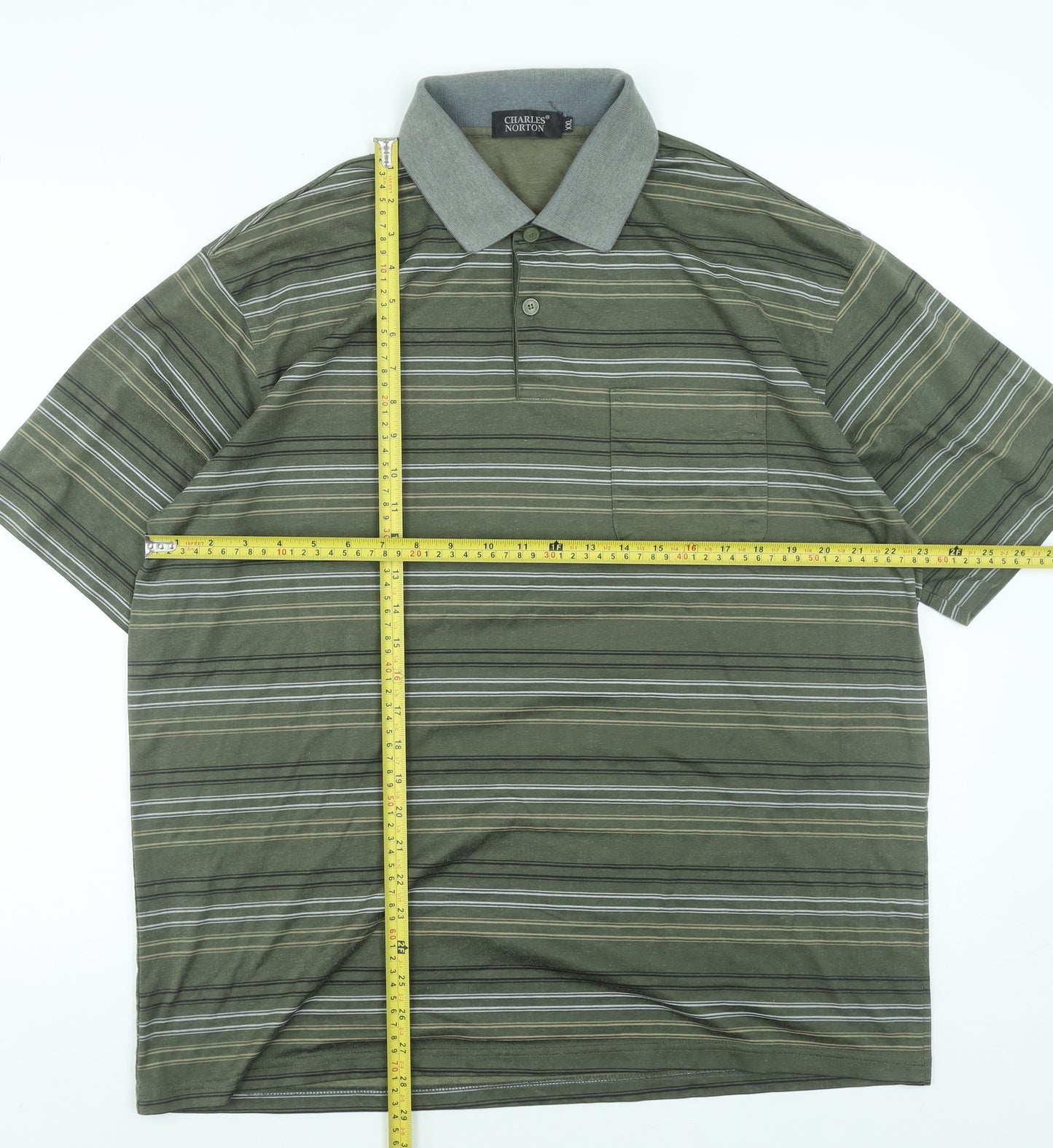 Charles Norton Men’s Green Striped Polo Shirt 2XL Short Sleeve Cotton Blend
