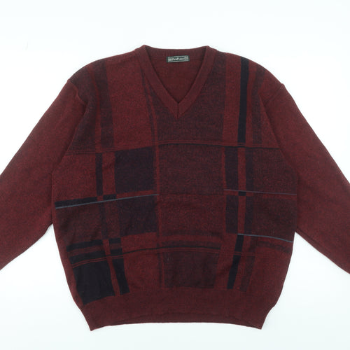 PierPoint Mens Red Check V-Neck Wool Blend Pullover Jumper XL