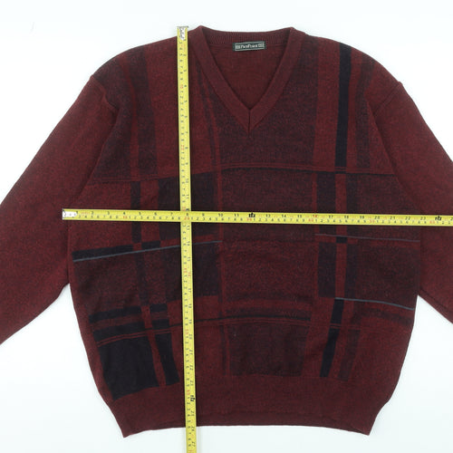 PierPoint Mens Red Check V-Neck Wool Blend Pullover Jumper XL