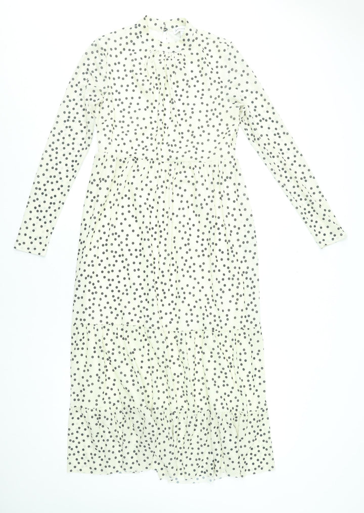 Warehouse Women’s White Polka Dot Midi Fit & Flare Dress Size 8