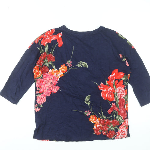 Oasis Women's Navy Floral 3/4 Sleeve Cotton T-Shirt XS