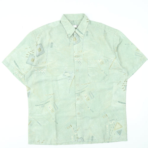 Andros Men's Green Geometric Short Sleeve Button-Up Shirt L