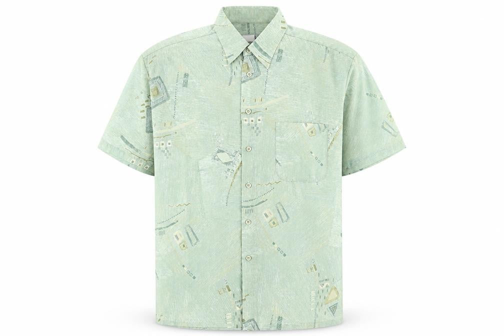 Andros Men's Green Geometric Short Sleeve Button-Up Shirt L