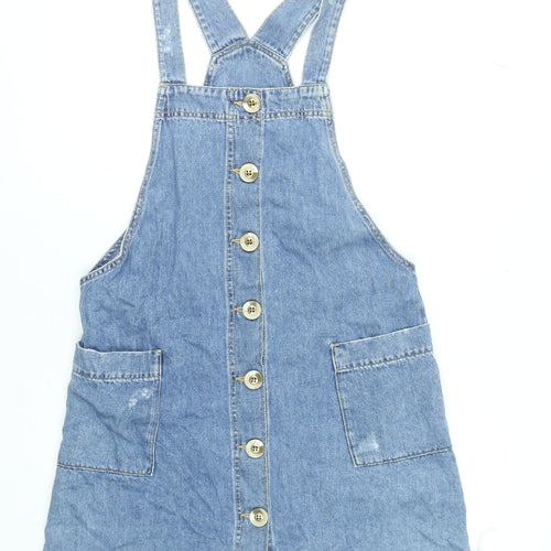 River Island Women's Blue Denim Pinafore Dress UK 12 Button Front