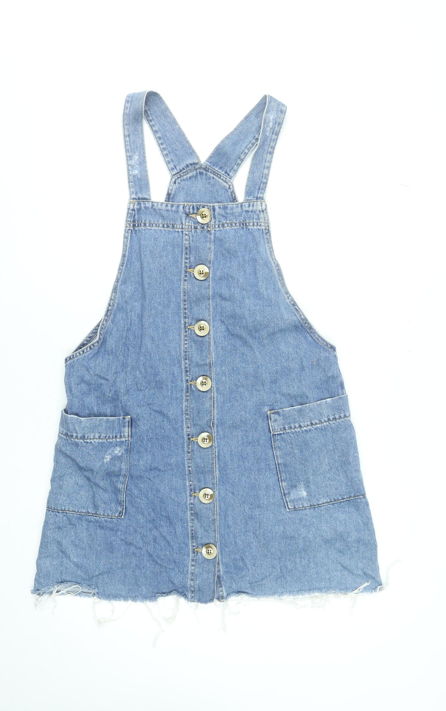 River Island Women's Blue Denim Pinafore Dress UK 12 Button Front