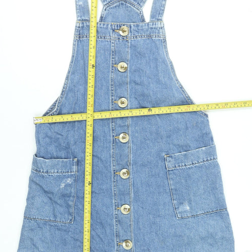 River Island Women's Blue Denim Pinafore Dress UK 12 Button Front