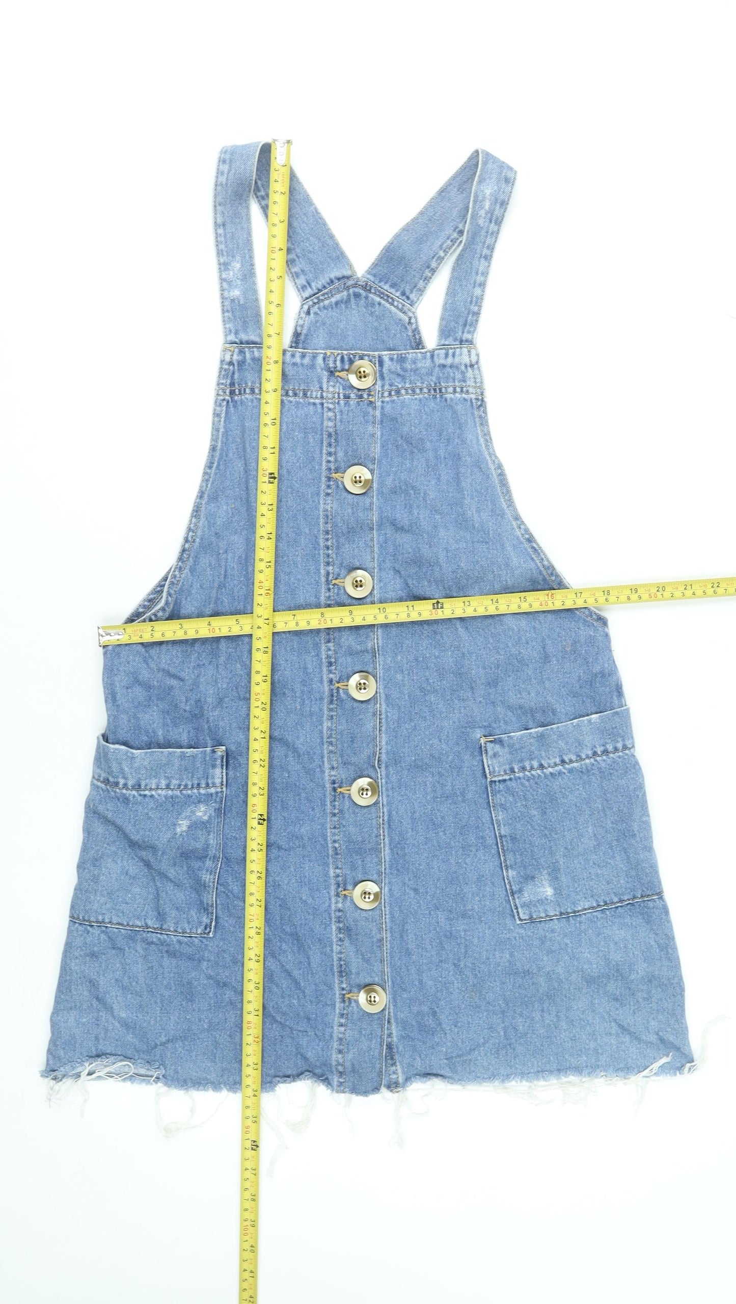 River Island Women's Blue Denim Pinafore Dress UK 12 Button Front