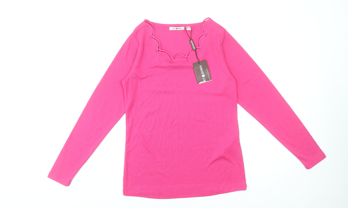 Punto Roma Women’s Pink Long Sleeve Beaded Scoop Neck T-Shirt Size S