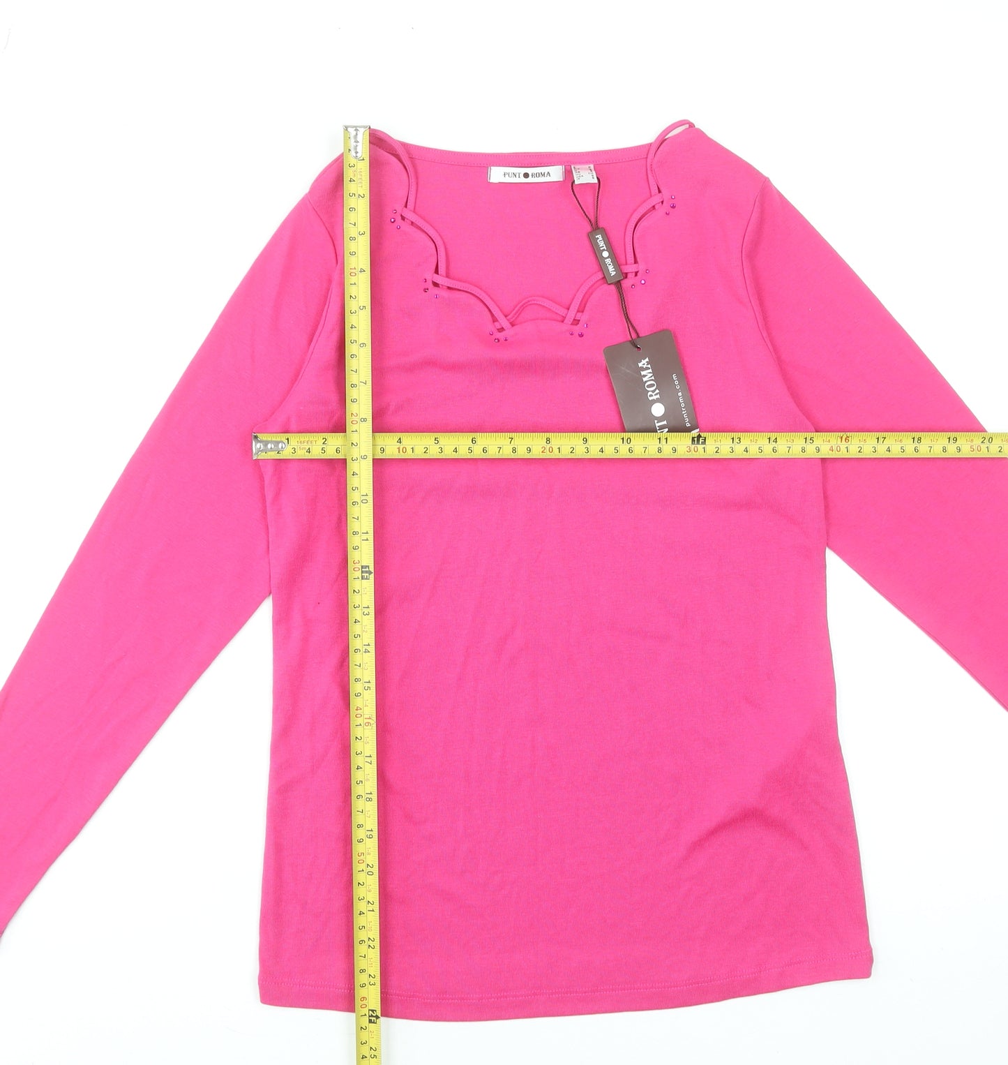 Punto Roma Women’s Pink Long Sleeve Beaded Scoop Neck T-Shirt Size S