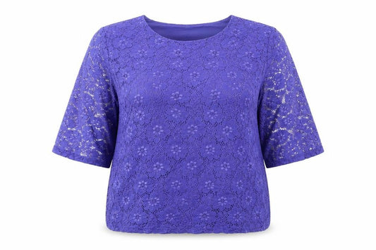 Front view of Paco Boutique Women’s Purple Floral Lace 3/4 Sleeve Blouse, size UK 16