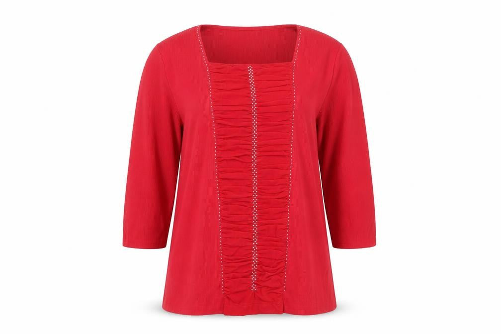 Casamia Exclusive Women's Red Tunic Blouse M 3/4 Sleeve Ruffle Knit