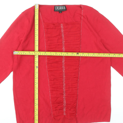 Casamia Exclusive Women's Red Tunic Blouse M 3/4 Sleeve Ruffle Knit