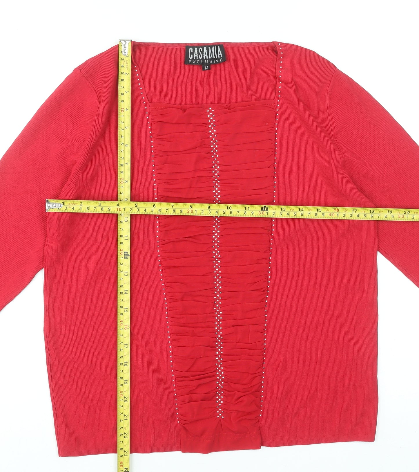 Casamia Exclusive Women's Red Tunic Blouse M 3/4 Sleeve Ruffle Knit