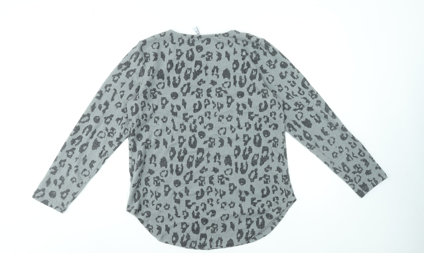 Hailys Womens Grey Leopard Print Long Sleeve Top Size L