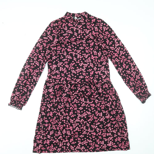 Warehouse Women Black Pink Floral Long Sleeve A-Line Dress Size 6