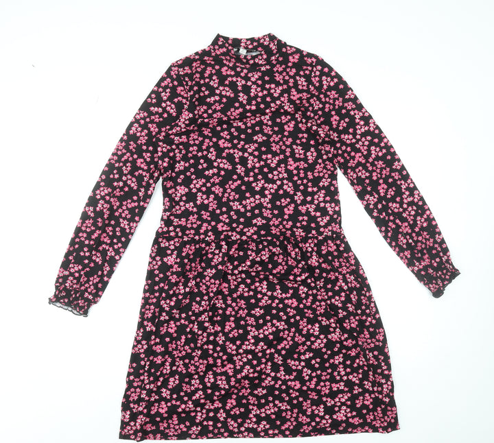 Warehouse Women Black Pink Floral Long Sleeve A-Line Dress Size 6