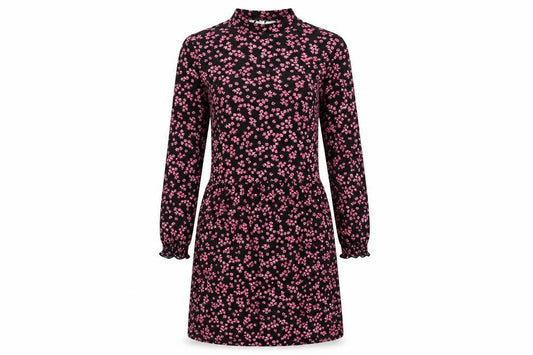 Front view of Warehouse Women Black Pink Floral Long Sleeve A-Line Dress, size 6