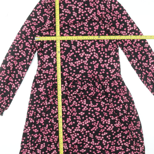 Warehouse Women Black Pink Floral Long Sleeve A-Line Dress Size 6