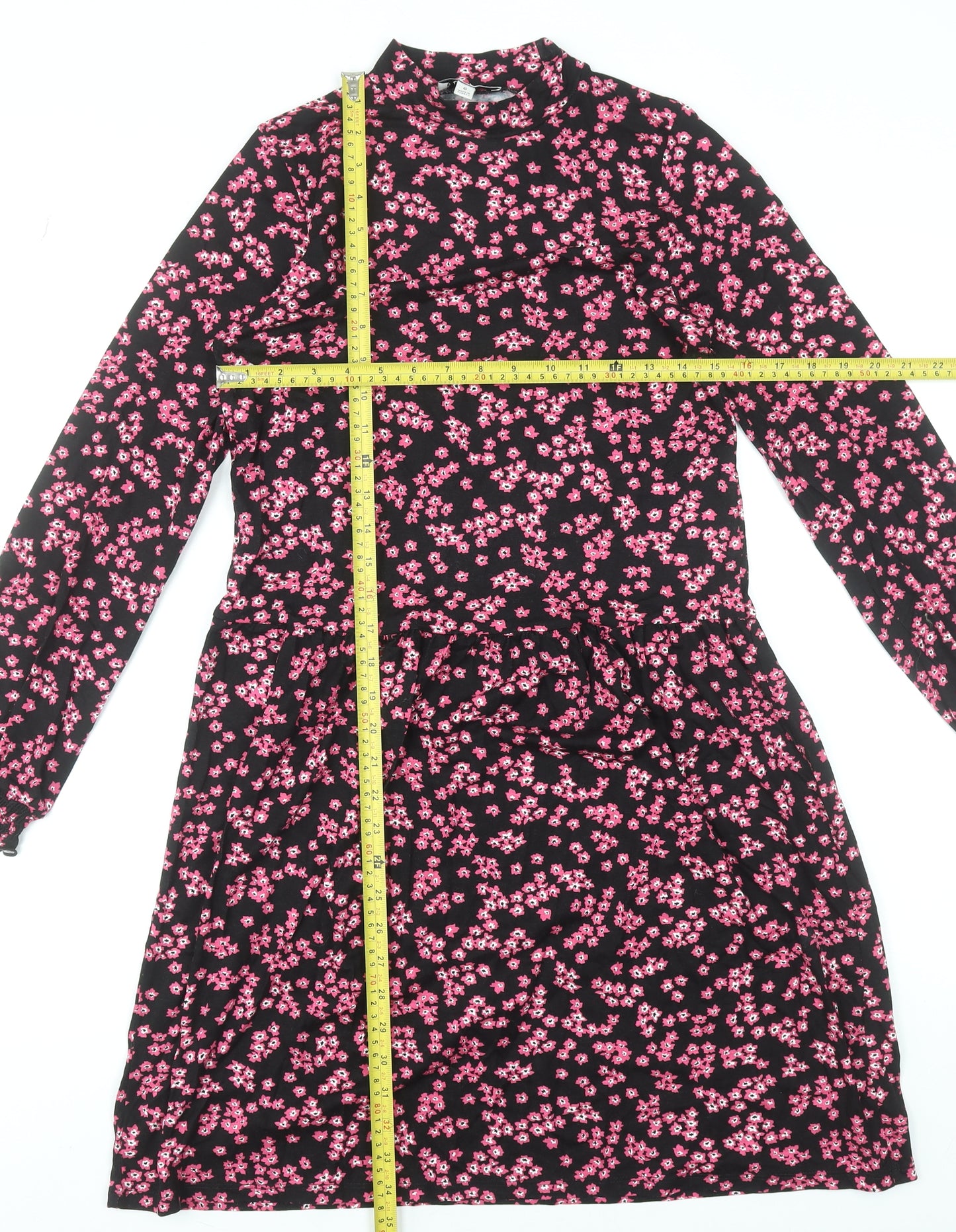 Warehouse Women Black Pink Floral Long Sleeve A-Line Dress Size 6