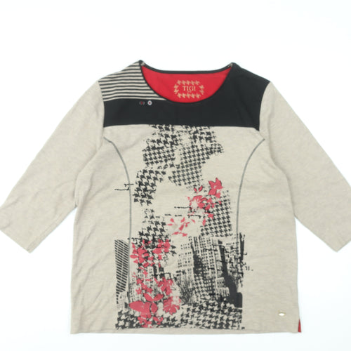 TIGI Womens Beige 3/4 Sleeve Floral City Print Jersey Top Size 14