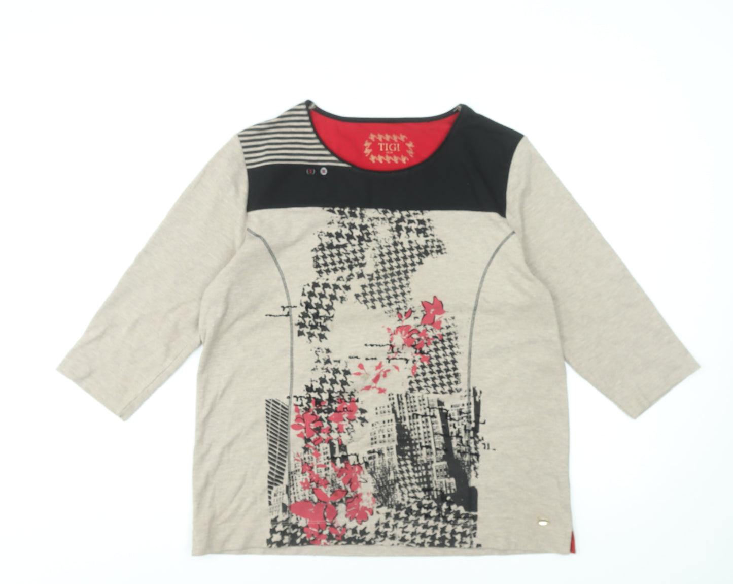 TIGI Womens Beige 3/4 Sleeve Floral City Print Jersey Top Size 14