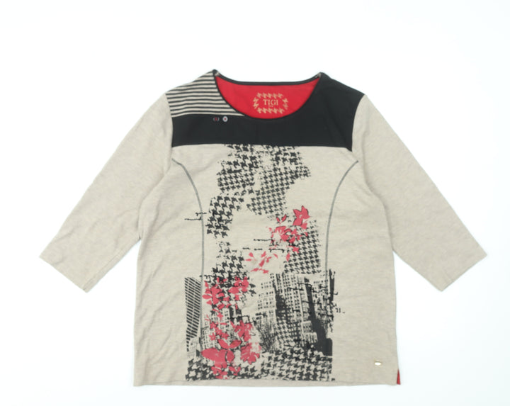 TIGI Womens Beige 3/4 Sleeve Floral City Print Jersey Top Size 14