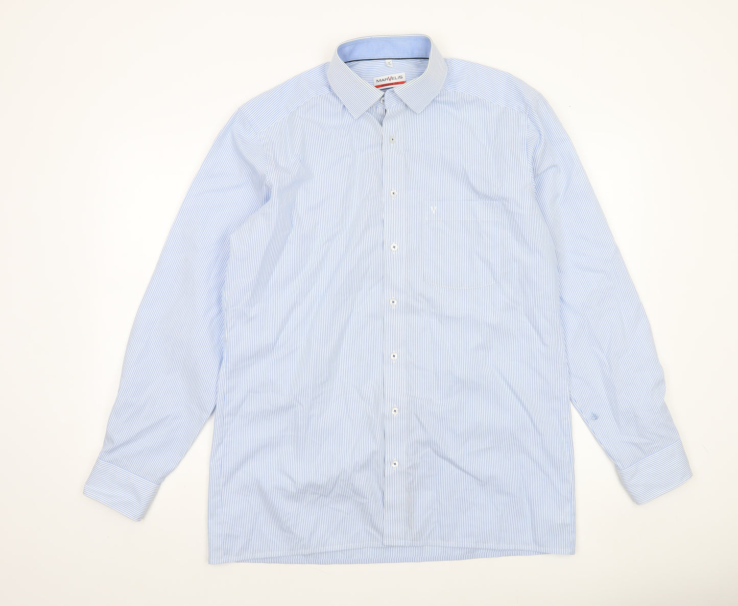 Marvelis Men's Blue Striped Non-Iron Long Sleeve Dress Shirt 16”/41 L