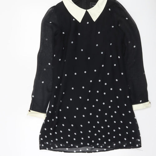 River Island Women’s Black Polka Dot Shift Dress Size 10 Long Sleeve Collared