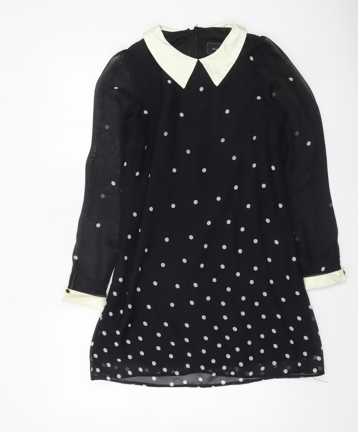 River Island Women’s Black Polka Dot Shift Dress Size 10 Long Sleeve Collared