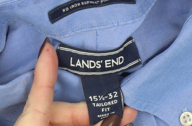 Lands' End Men's Blue Tailored Fit No Iron Supima Cotton Formal Shirt Size 15.5