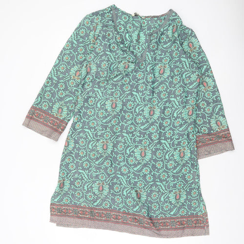 Natura Women Green Floral Shift Dress M 3/4 Sleeve Bohemian V-Neck