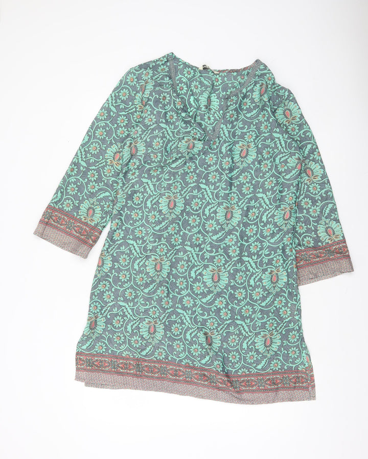 Natura Women Green Floral Shift Dress M 3/4 Sleeve Bohemian V-Neck