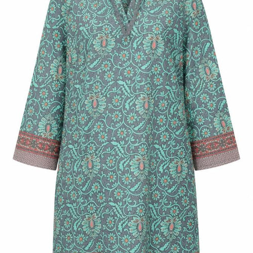 Natura Women Green Floral Shift Dress M 3/4 Sleeve Bohemian V-Neck