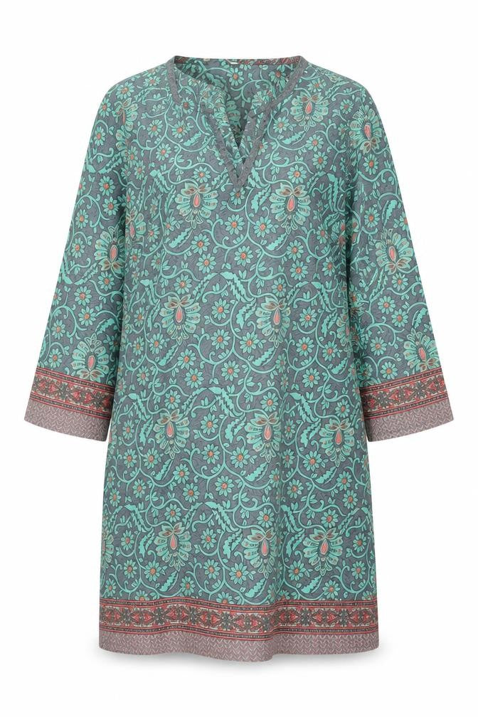 Natura Women Green Floral Shift Dress M 3/4 Sleeve Bohemian V-Neck