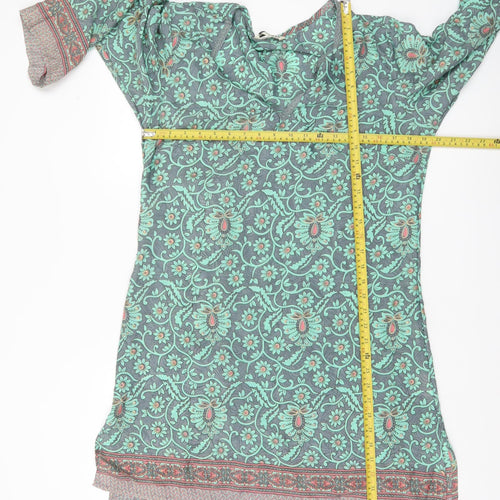 Natura Women Green Floral Shift Dress M 3/4 Sleeve Bohemian V-Neck