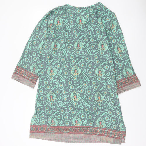 Natura Women Green Floral Shift Dress M 3/4 Sleeve Bohemian V-Neck
