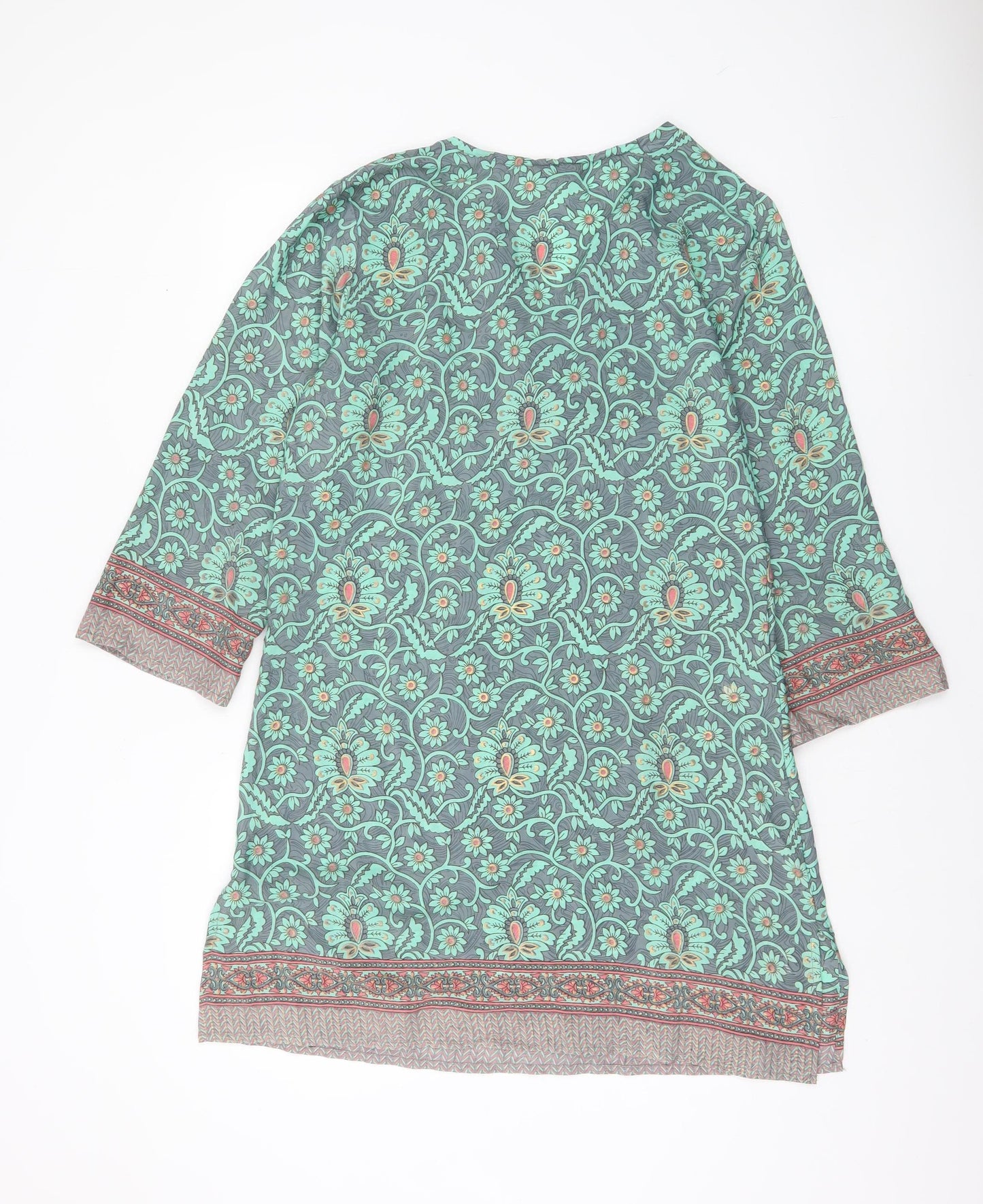 Natura Women Green Floral Shift Dress M 3/4 Sleeve Bohemian V-Neck