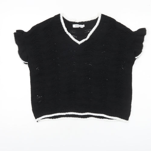 JelisJelis Women's Black V-Neck Knit Short Sleeve Jumper L