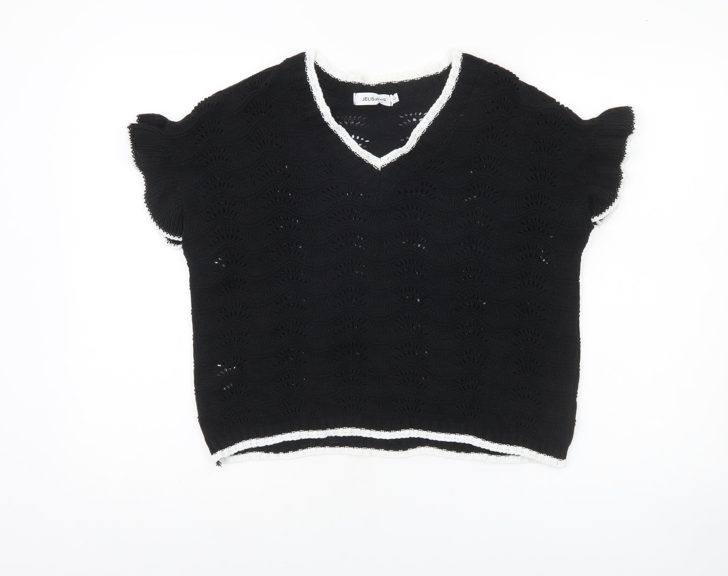 JelisJelis Women's Black V-Neck Knit Short Sleeve Jumper L