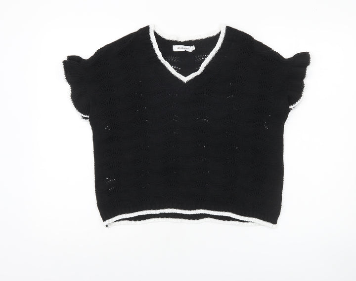 JelisJelis Women's Black V-Neck Knit Short Sleeve Jumper L