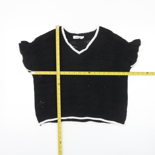 JelisJelis Women's Black V-Neck Knit Short Sleeve Jumper L