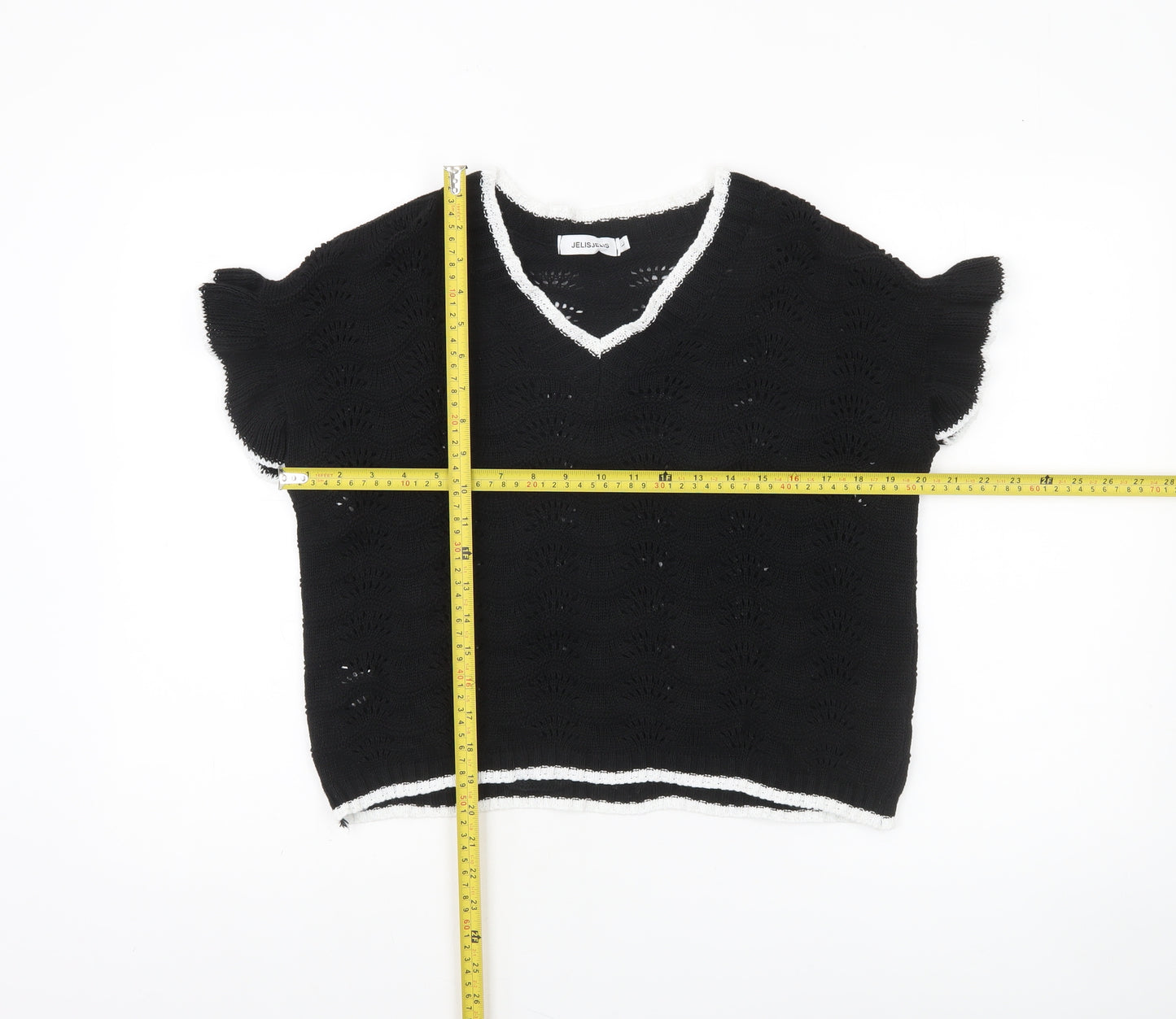 JelisJelis Women's Black V-Neck Knit Short Sleeve Jumper L