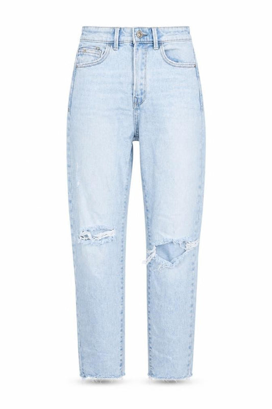 Front view of Stradivarius Women Blue, size 6, Ripped High Rise Mom Slim Jeans