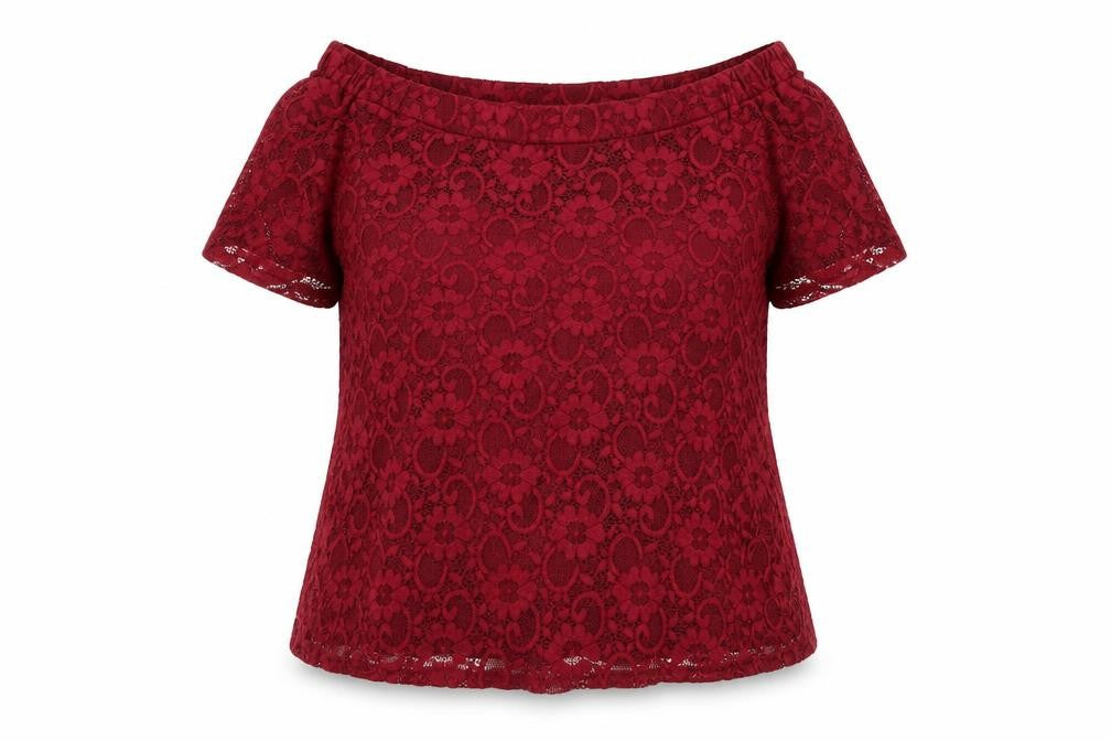 Front view of Atmosphere Women's Red Lace Off Shoulder Blouse, size 16