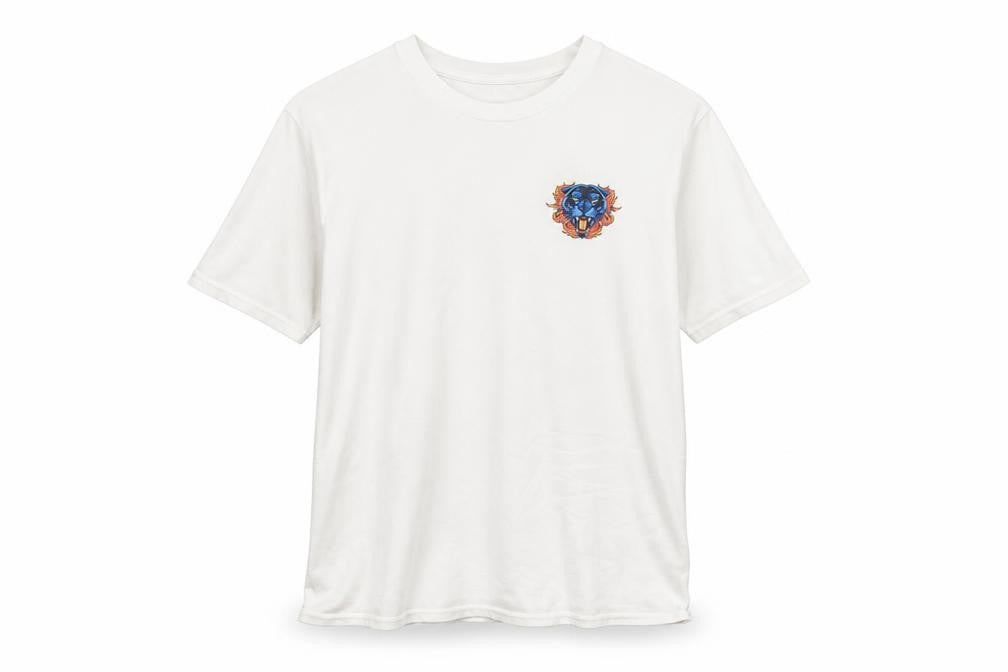 Front view of Rum Knuckles Men’s White Cotton Graphic Biker T-Shirt, size S