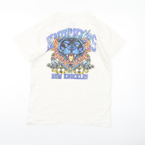 Rum Knuckles Men’s White Cotton Graphic Biker T-Shirt Size S