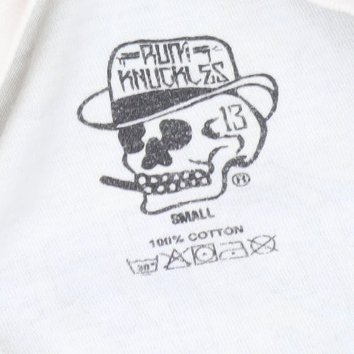 Rum Knuckles Men’s White Cotton Graphic Biker T-Shirt Size S