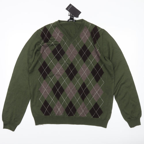 Marco Fiori Men's Green Argyle Merino Wool V-Neck Jumper Size L