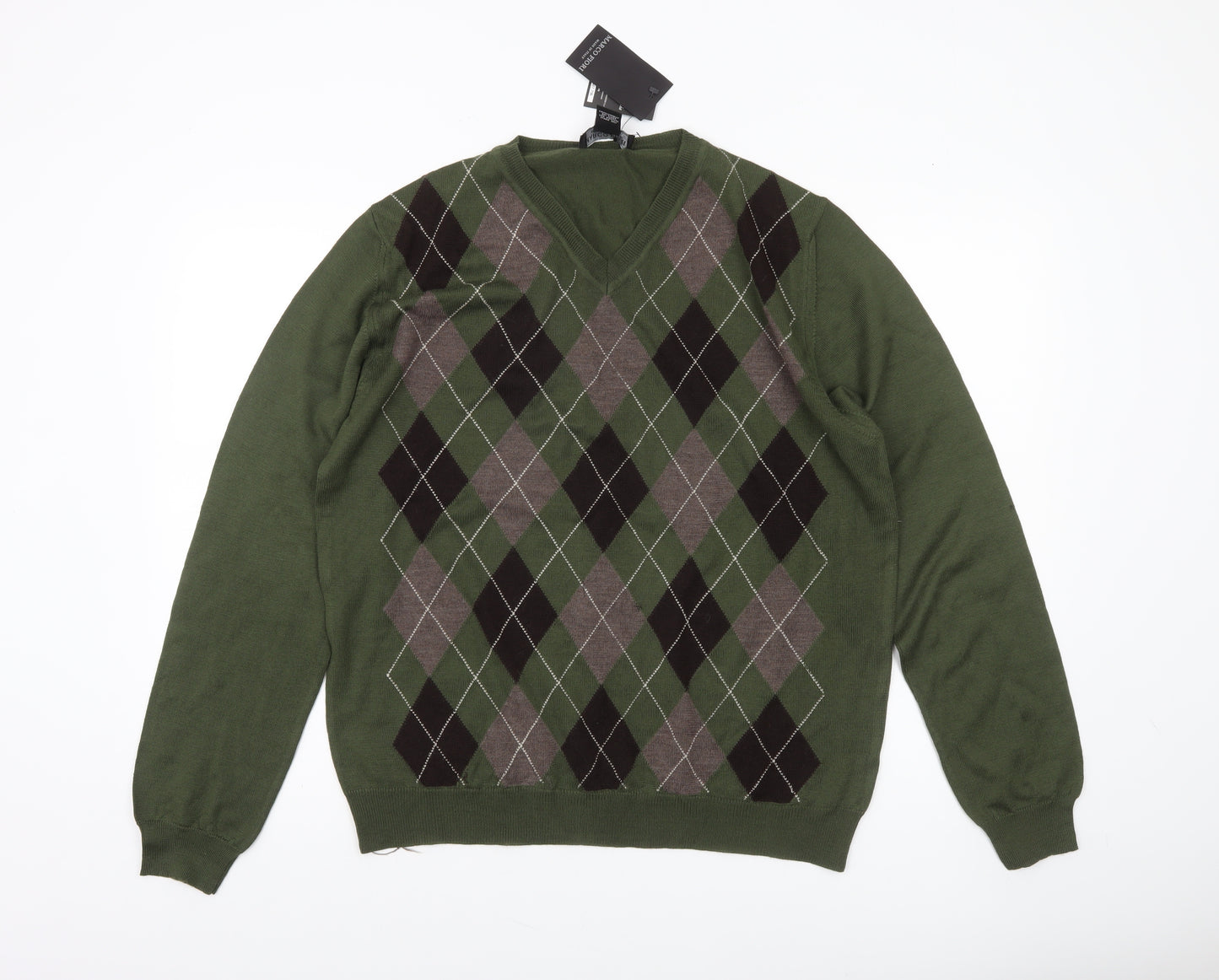 Marco Fiori Men's Green Argyle Merino Wool V-Neck Jumper Size L